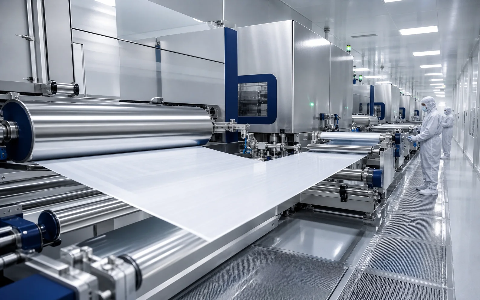 Precision roll-to-roll separator film production line in a clean manufacturing environment